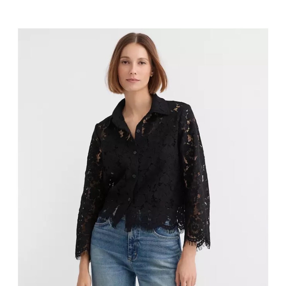 LOFT Black Lace Button-Up Blouse